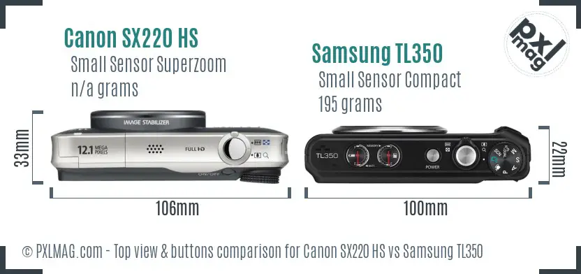 Canon SX220 HS vs Samsung TL350 top view buttons comparison