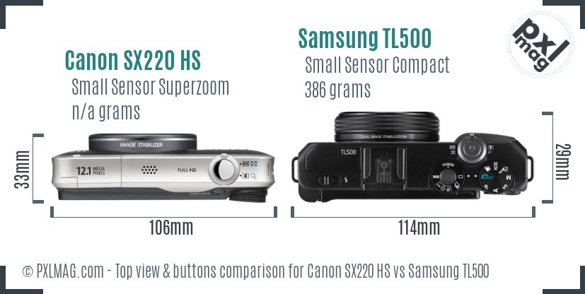 Canon SX220 HS vs Samsung TL500 top view buttons comparison