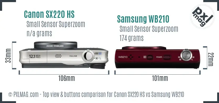 Canon SX220 HS vs Samsung WB210 top view buttons comparison Canon SX220 HS vs Samsung WB210 top view buttons comparison
