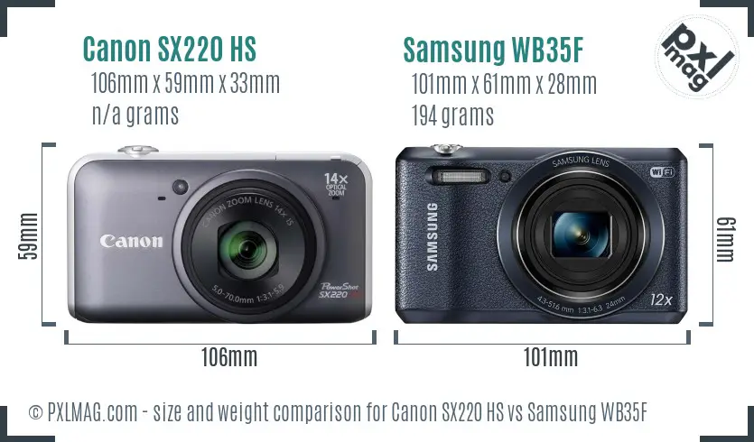 Canon SX220 HS vs Samsung WB35F size comparison