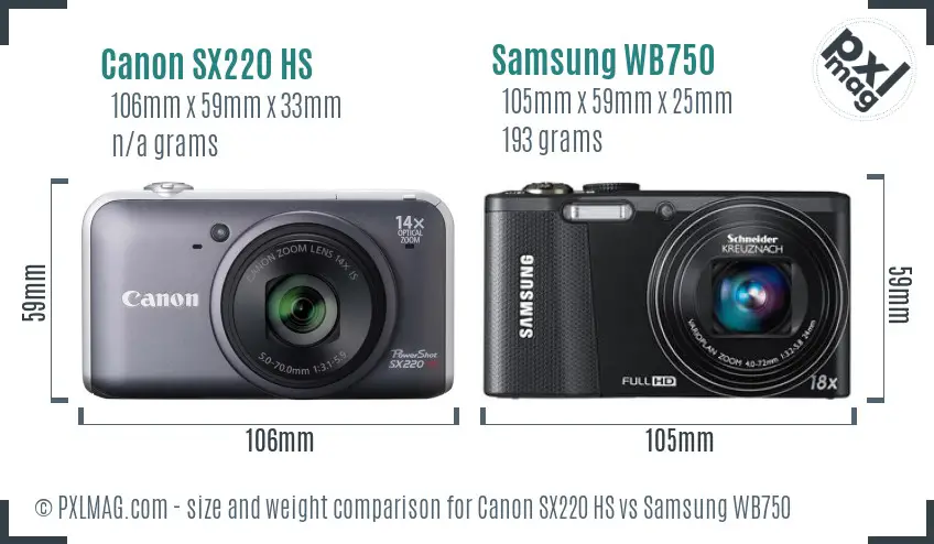 Canon SX220 HS vs Samsung WB750 size comparison