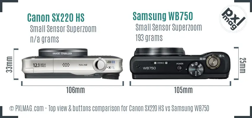 Canon SX220 HS vs Samsung WB750 top view buttons comparison