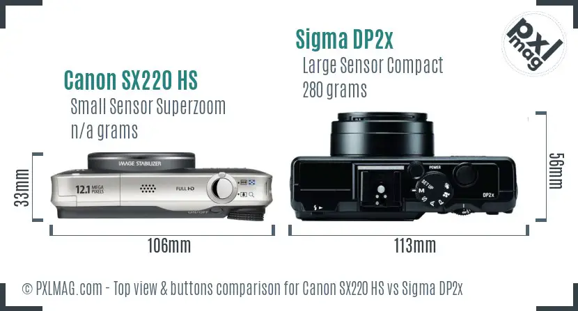 Canon SX220 HS vs Sigma DP2x top view buttons comparison Canon SX220 HS vs Sigma DP2x top view buttons comparison