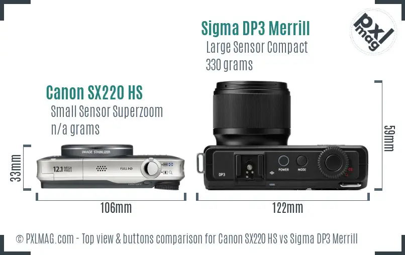 Canon SX220 HS vs Sigma DP3 Merrill top view buttons comparison Canon SX220 HS vs Sigma DP3 Merrill top view buttons comparison