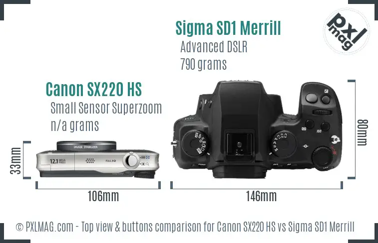 Canon SX220 HS vs Sigma SD1 Merrill top view buttons comparison Canon SX220 HS vs Sigma SD1 Merrill top view buttons comparison