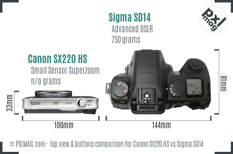 Canon SX220 HS vs Sigma SD14 top view buttons comparison