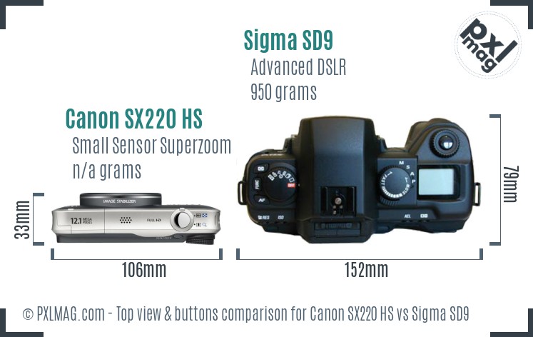 Canon SX220 HS vs Sigma SD9 top view buttons comparison