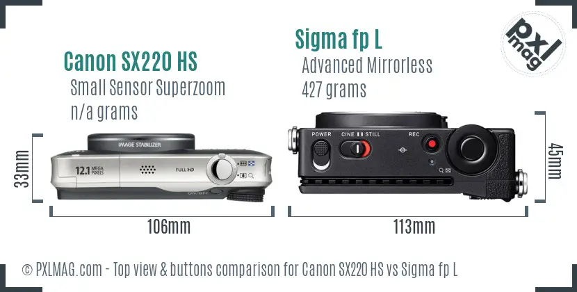 Canon SX220 HS vs Sigma fp L top view buttons comparison Canon SX220 HS vs Sigma fp L top view buttons comparison