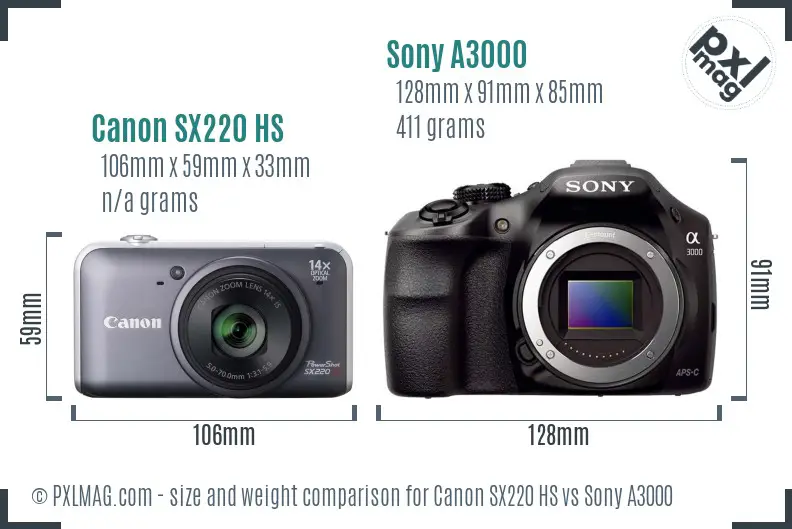 Canon SX220 HS vs Sony A3000 size comparison
