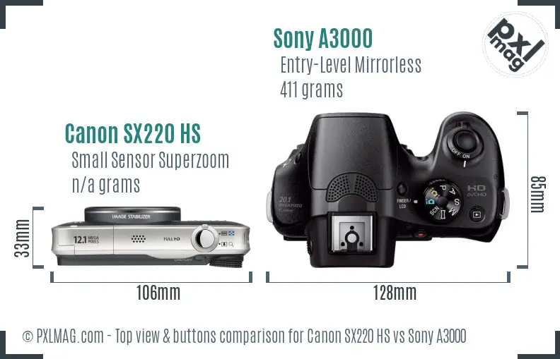 Canon SX220 HS vs Sony A3000 top view buttons comparison