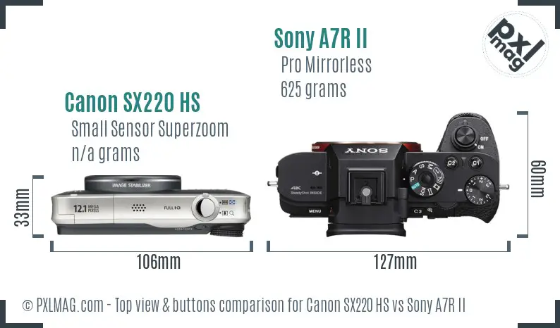 Canon SX220 HS vs Sony A7R II top view buttons comparison