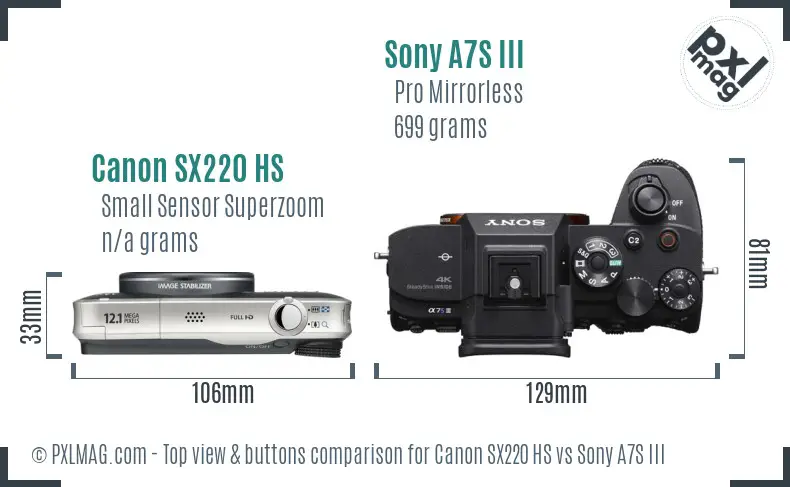 Canon SX220 HS vs Sony A7S III top view buttons comparison Canon SX220 HS vs Sony A7S III top view buttons comparison