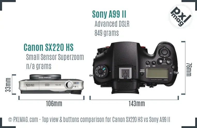 Canon SX220 HS vs Sony A99 II top view buttons comparison