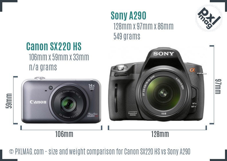 Canon SX220 HS vs Sony A290 size comparison