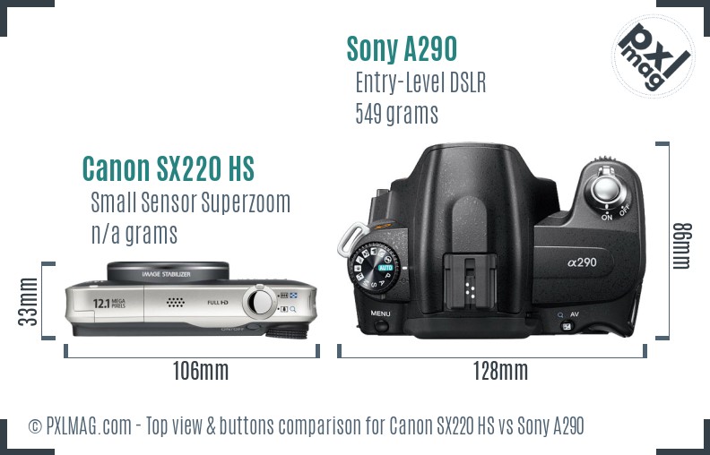 Canon SX220 HS vs Sony A290 top view buttons comparison