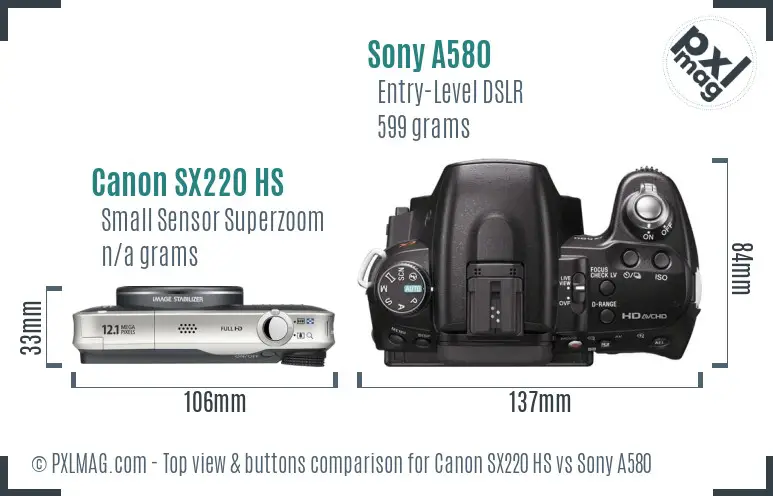 Canon SX220 HS vs Sony A580 top view buttons comparison