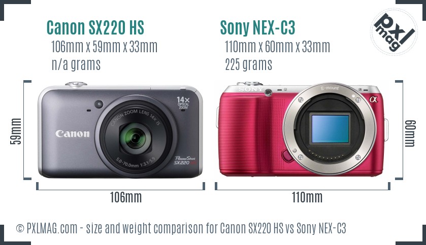 Canon SX220 HS vs Sony NEX-C3 size comparison