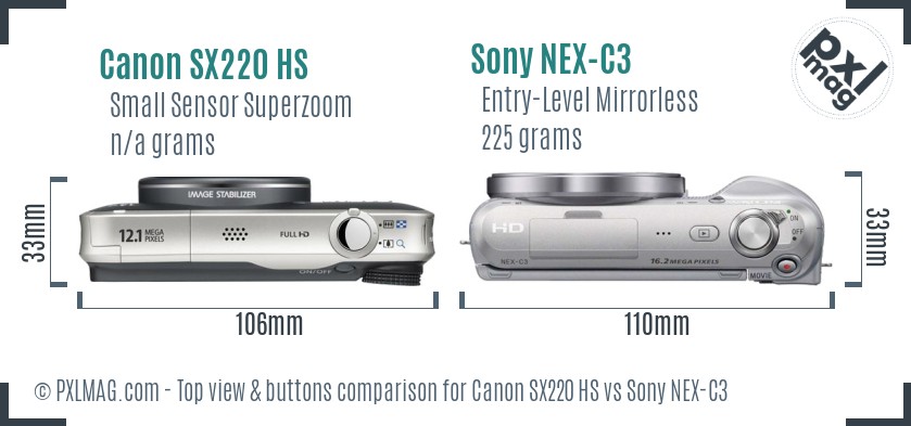 Canon SX220 HS vs Sony NEX-C3 top view buttons comparison