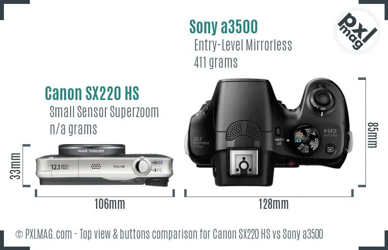 Canon SX220 HS vs Sony a3500 top view buttons comparison Canon SX220 HS vs Sony a3500 top view buttons comparison