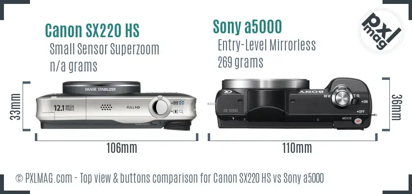 Canon SX220 HS vs Sony a5000 top view buttons comparison Canon SX220 HS vs Sony a5000 top view buttons comparison