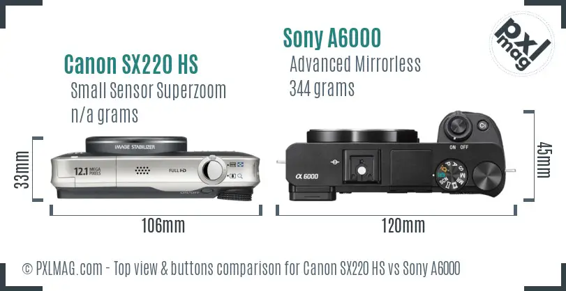 Canon SX220 HS vs Sony A6000 top view buttons comparison