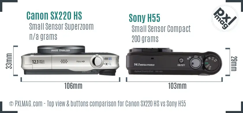 Canon SX220 HS vs Sony H55 top view buttons comparison Canon SX220 HS vs Sony H55 top view buttons comparison