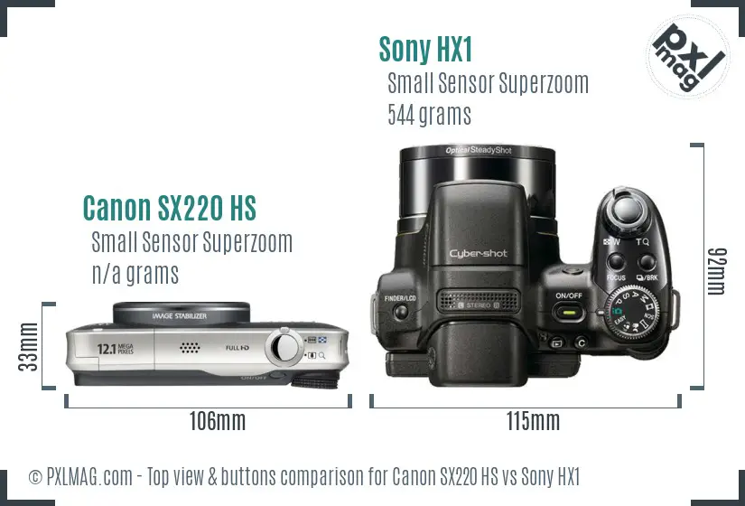 Canon SX220 HS vs Sony HX1 top view buttons comparison