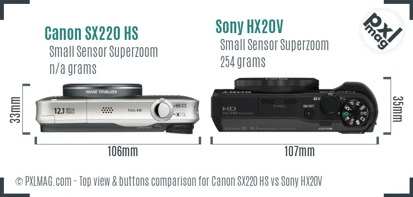 Canon SX220 HS vs Sony HX20V top view buttons comparison