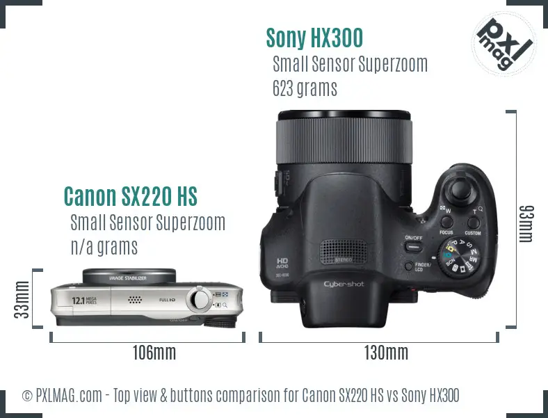 Canon SX220 HS vs Sony HX300 top view buttons comparison