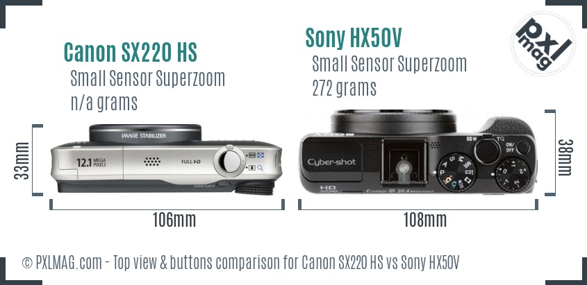 Canon SX220 HS vs Sony HX50V top view buttons comparison