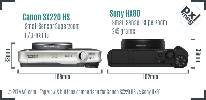 Canon SX220 HS vs Sony HX80 top view buttons comparison