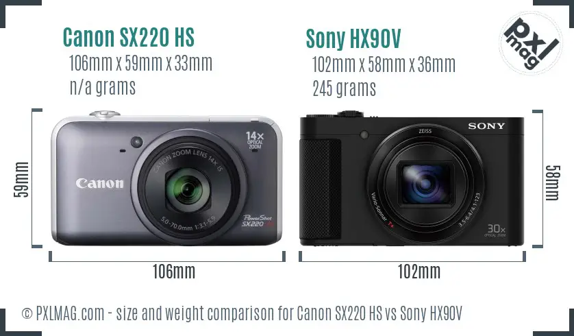 Canon SX220 HS vs Sony HX90V size comparison