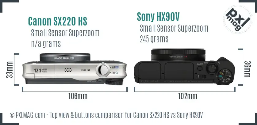 Canon SX220 HS vs Sony HX90V top view buttons comparison