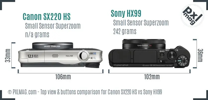 Canon SX220 HS vs Sony HX99 top view buttons comparison