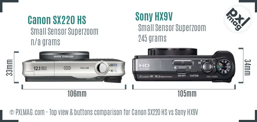 Canon SX220 HS vs Sony HX9V top view buttons comparison