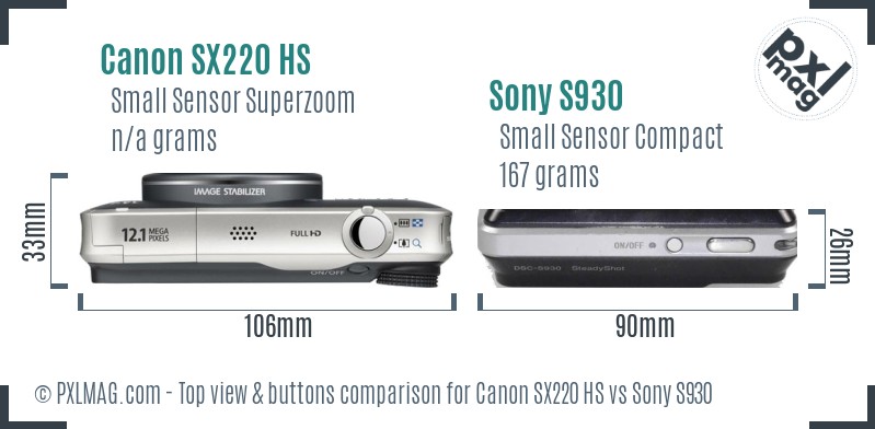 Canon SX220 HS vs Sony S930 top view buttons comparison