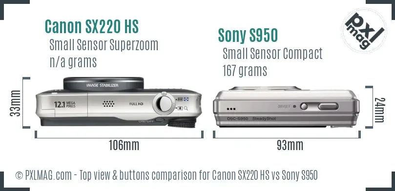 Canon SX220 HS vs Sony S950 top view buttons comparison