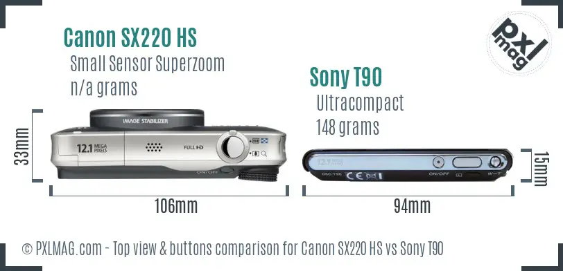 Canon SX220 HS vs Sony T90 top view buttons comparison