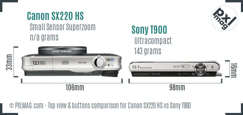 Canon SX220 HS vs Sony T900 top view buttons comparison Canon SX220 HS vs Sony T900 top view buttons comparison