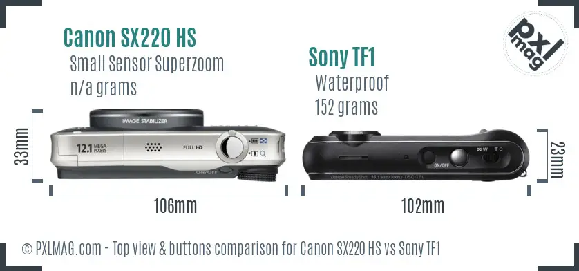 Canon SX220 HS vs Sony TF1 top view buttons comparison