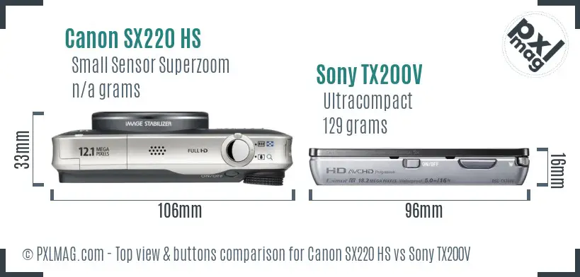 Canon SX220 HS vs Sony TX200V top view buttons comparison Canon SX220 HS vs Sony TX200V top view buttons comparison