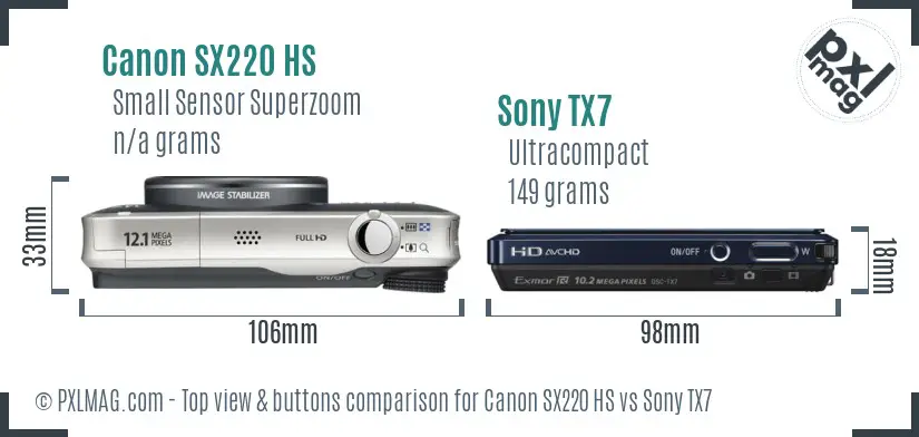 Canon SX220 HS vs Sony TX7 top view buttons comparison