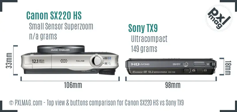 Canon SX220 HS vs Sony TX9 top view buttons comparison Canon SX220 HS vs Sony TX9 top view buttons comparison