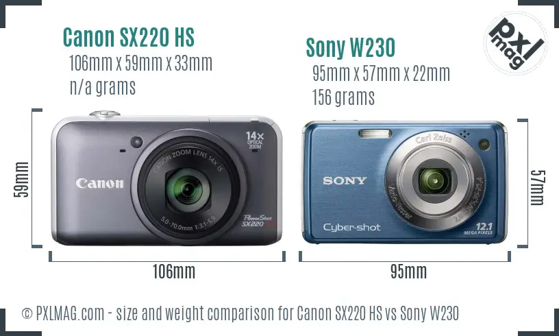 Canon SX220 HS vs Sony W230 size comparison
