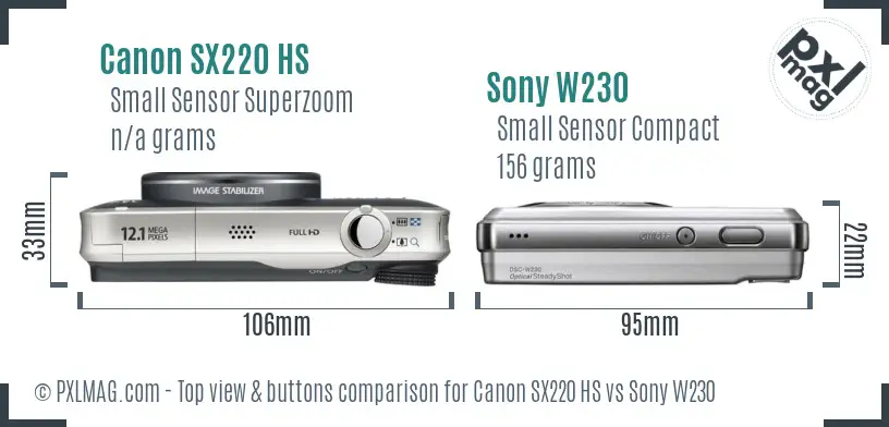 Canon SX220 HS vs Sony W230 top view buttons comparison