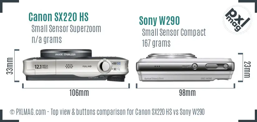 Canon SX220 HS vs Sony W290 top view buttons comparison