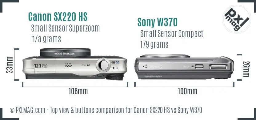 Canon SX220 HS vs Sony W370 top view buttons comparison