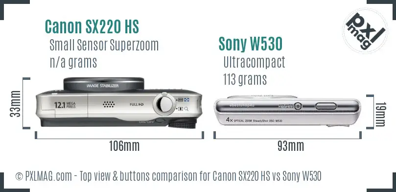 Canon SX220 HS vs Sony W530 top view buttons comparison Canon SX220 HS vs Sony W530 top view buttons comparison
