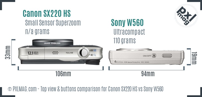 Canon SX220 HS vs Sony W560 top view buttons comparison