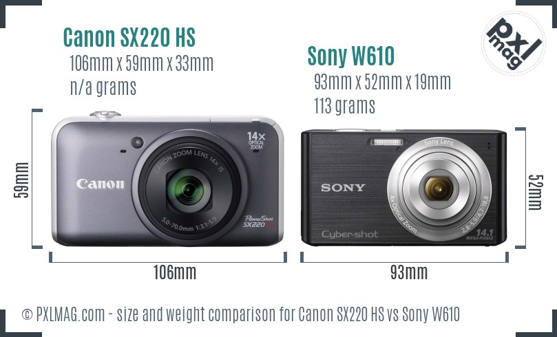 Canon SX220 HS vs Sony W610 size comparison